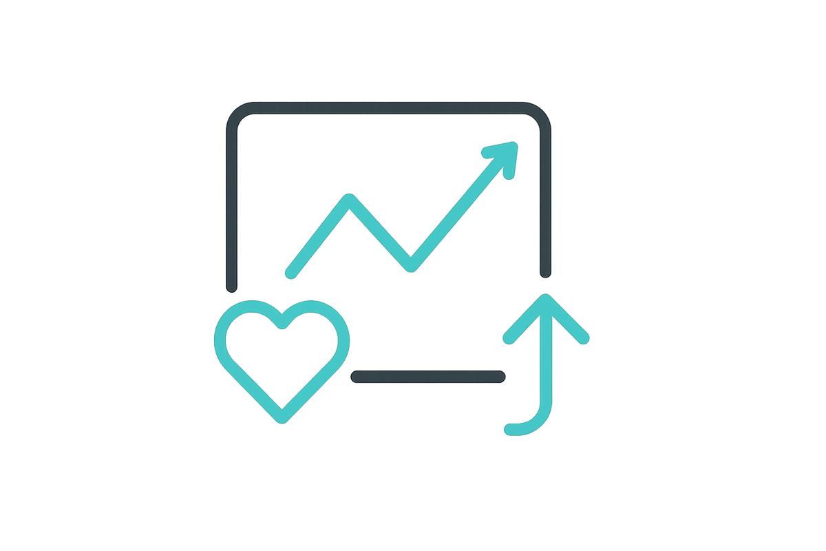 Create an icon showing a health chart or graph being shared.
Include a line graph, a heart icon, and a “share” or “upload” arrow.
Style: clean, modern healthcare vibe.
Color accent: #5AC6AB
Background: transparent