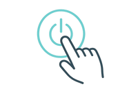 Generate a minimalist, flat-style icon showing a power button being pressed.
Use soft lines and a modern medical-tech look.
Style: line icon, circular button with a finger pressing it.
Color accent: #5AC6AB
Background: transparent or white