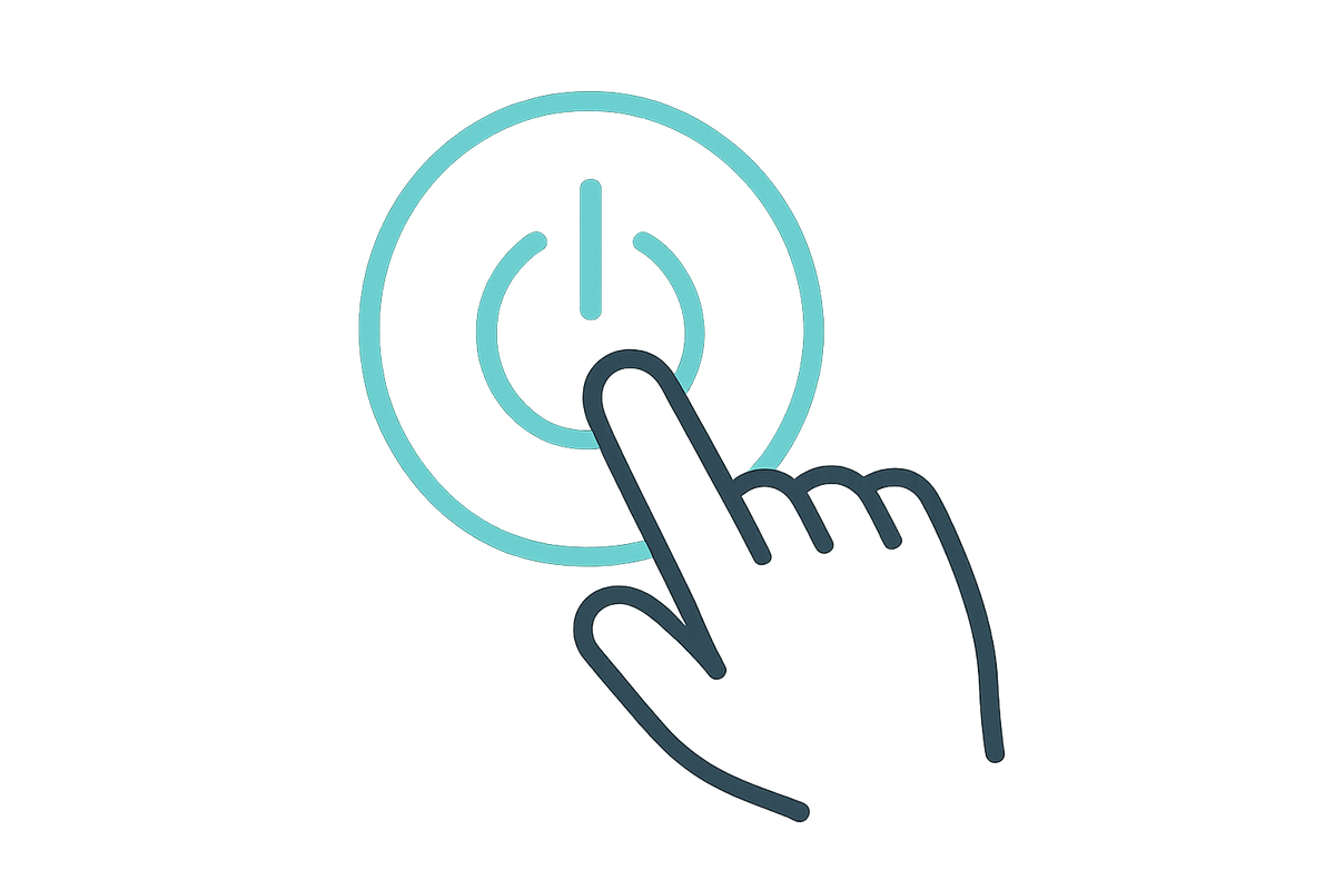 Generate a minimalist, flat-style icon showing a power button being pressed.
Use soft lines and a modern medical-tech look.
Style: line icon, circular button with a finger pressing it.
Color accent: #5AC6AB
Background: transparent or white