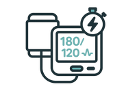 Generate a modern icon representing a blood pressure monitor showing a fast reading.
Include a digital screen with numbers or pulse lines and a stopwatch or “flash” symbol to show speed.
Style: minimalist, flat or outlined, no heavy gradients.
Accent: #5AC6AB
