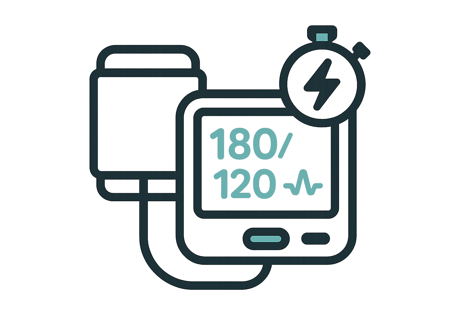 Generate a modern icon representing a blood pressure monitor showing a fast reading.
Include a digital screen with numbers or pulse lines and a stopwatch or “flash” symbol to show speed.
Style: minimalist, flat or outlined, no heavy gradients.
Accent: #5AC6AB
